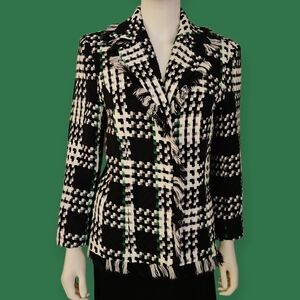 Vtg RUSSELL KEMP Tweed Plaid Fringe Open Front Blazer